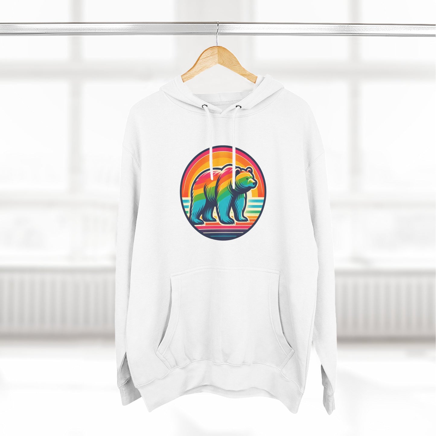 Colorful Bear Sunset Fleece Hoodie | Cozy Graphic Sweatshirt for Nature Lovers, Camping, Gift for Him & Her, Winter Fashion