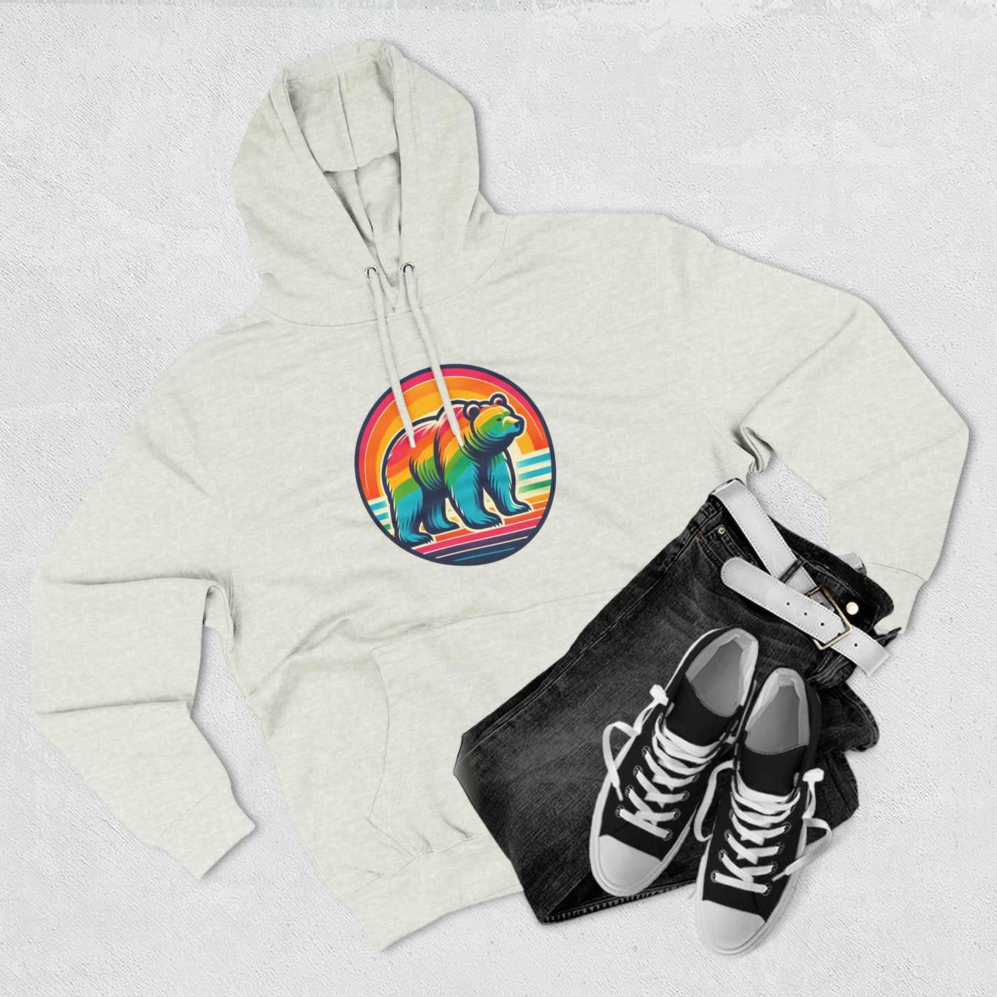 Colorful Bear Sunset Fleece Hoodie | Cozy Graphic Sweatshirt for Nature Lovers, Camping, Gift for Him & Her, Winter Fashion