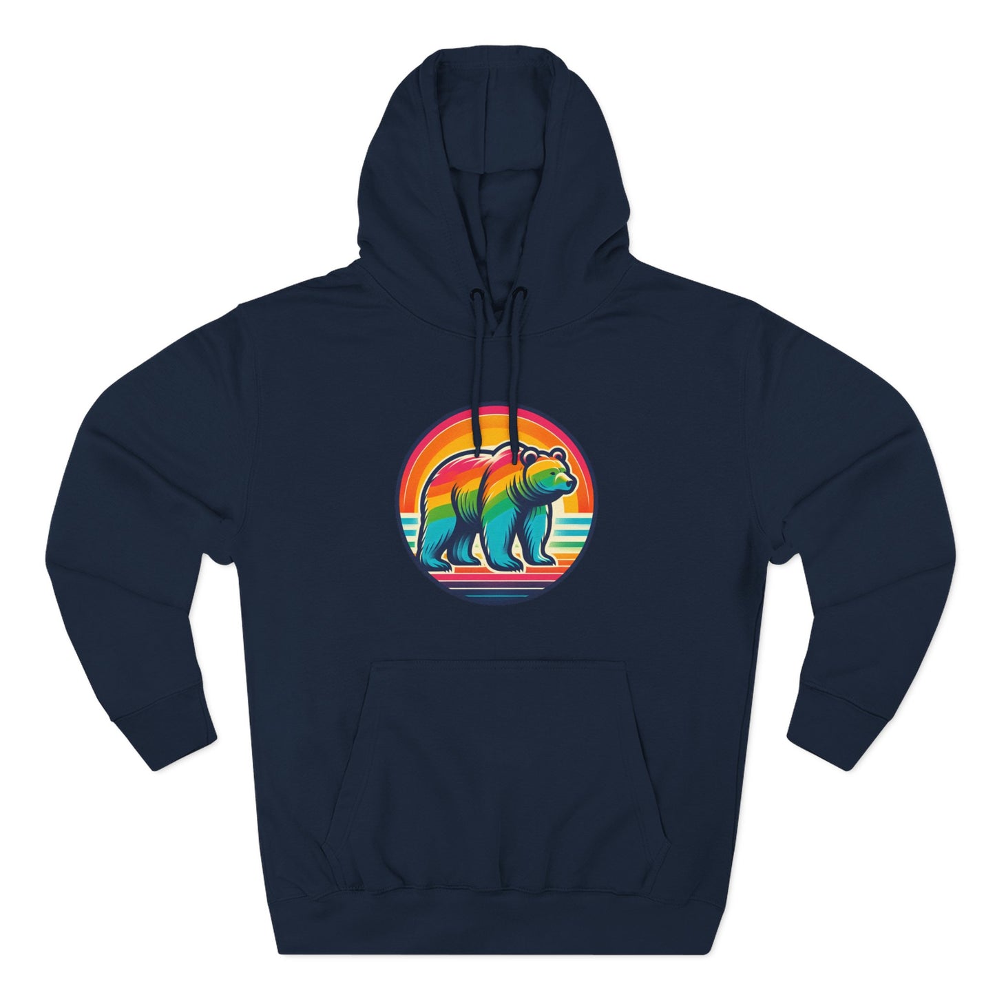 Colorful Bear Sunset Fleece Hoodie | Cozy Graphic Sweatshirt for Nature Lovers, Camping, Gift for Him & Her, Winter Fashion
