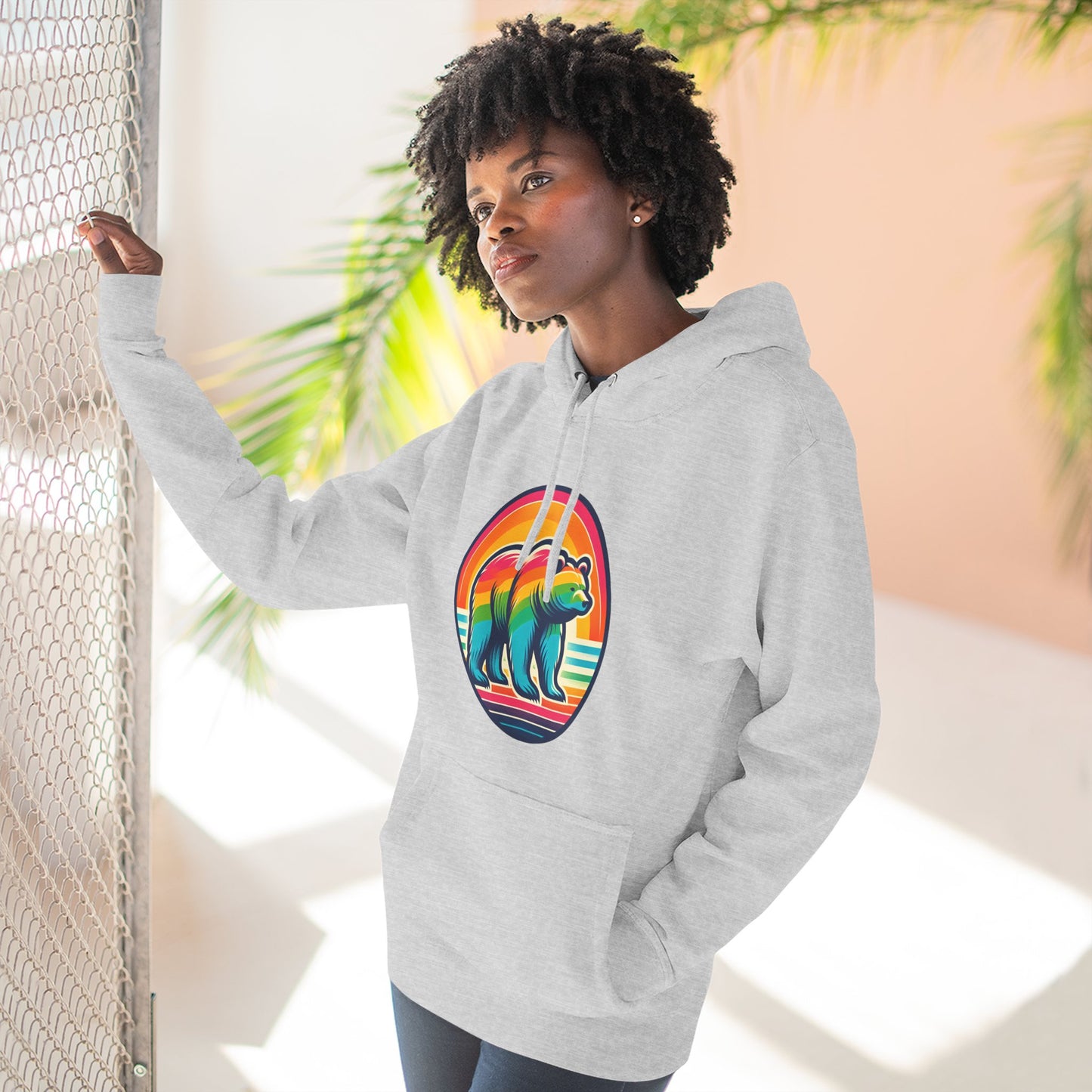 Colorful Bear Sunset Fleece Hoodie | Cozy Graphic Sweatshirt for Nature Lovers, Camping, Gift for Him & Her, Winter Fashion