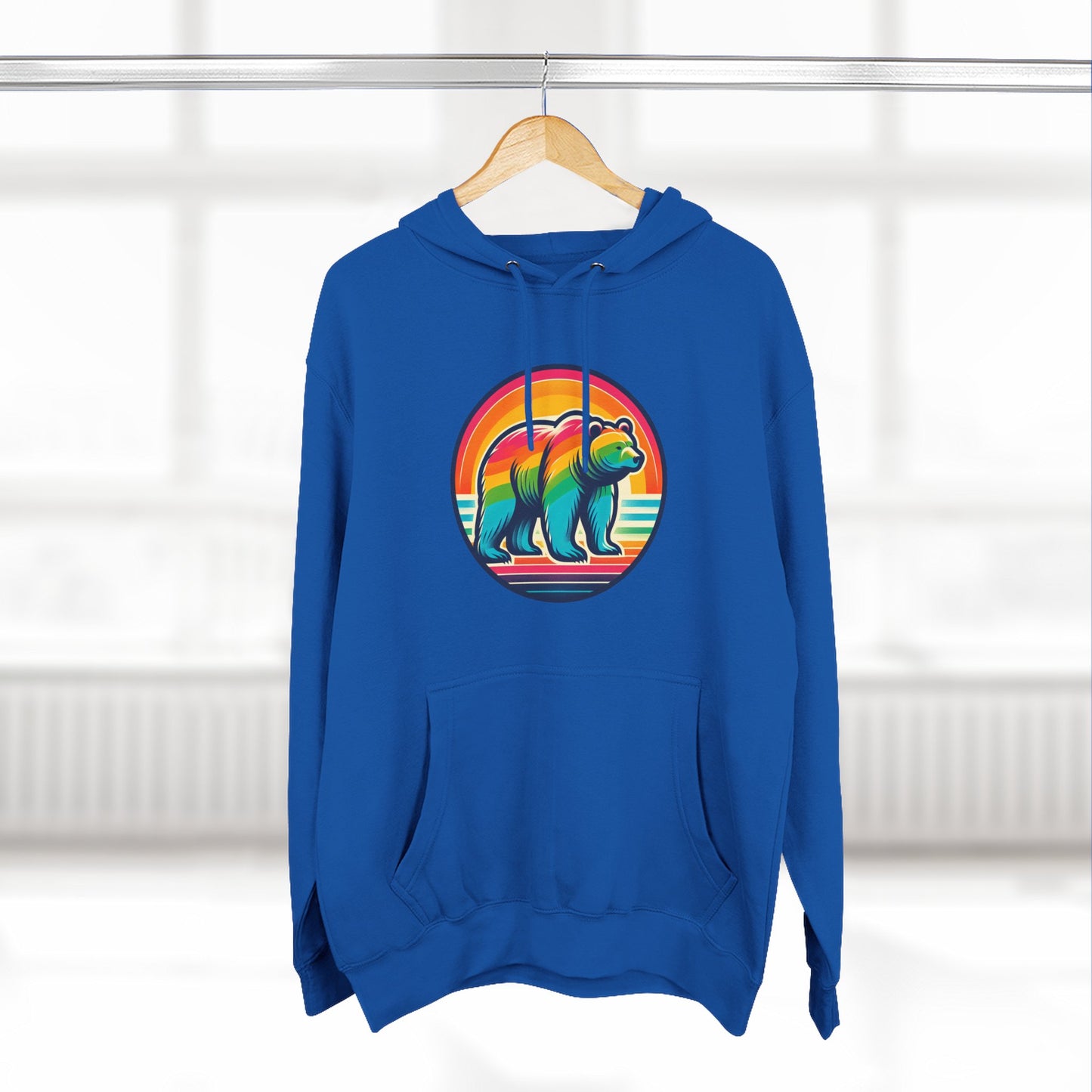Colorful Bear Sunset Fleece Hoodie | Cozy Graphic Sweatshirt for Nature Lovers, Camping, Gift for Him & Her, Winter Fashion