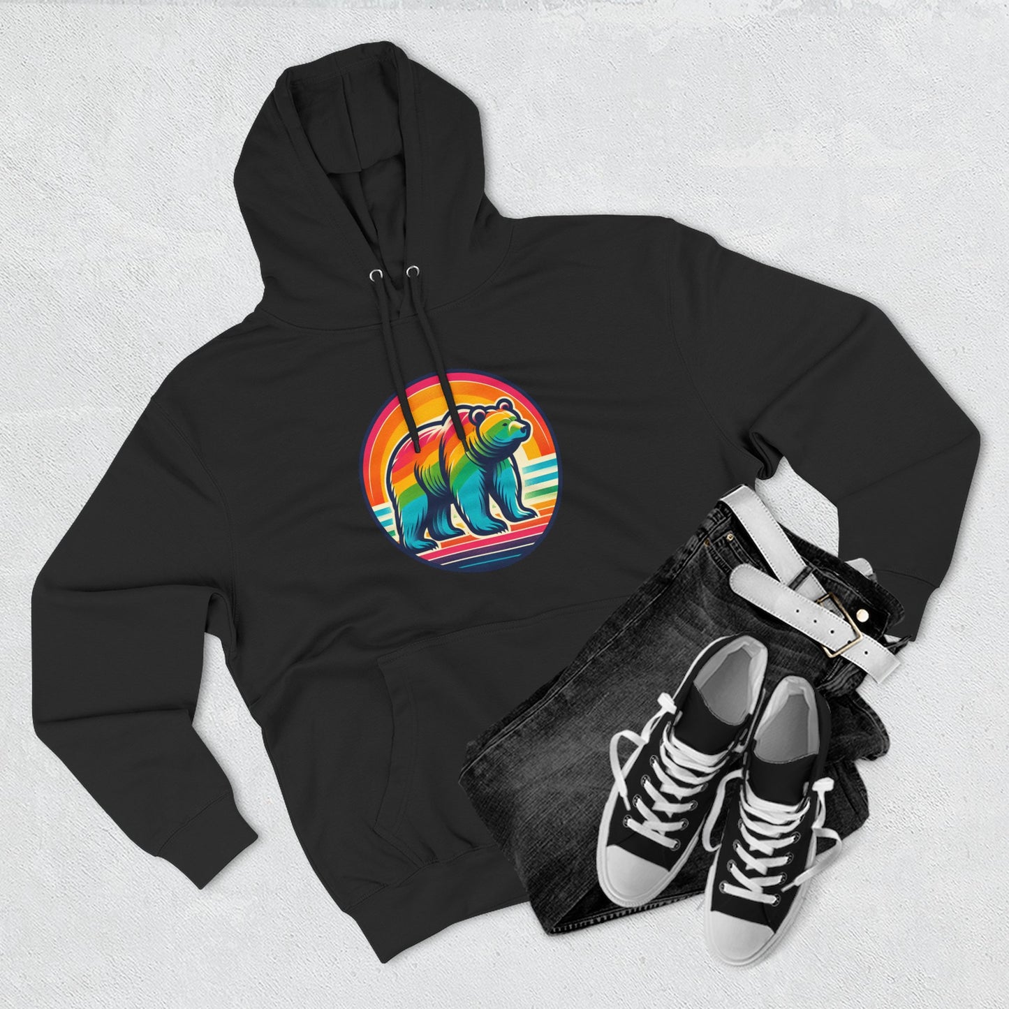 Colorful Bear Sunset Fleece Hoodie | Cozy Graphic Sweatshirt for Nature Lovers, Camping, Gift for Him & Her, Winter Fashion