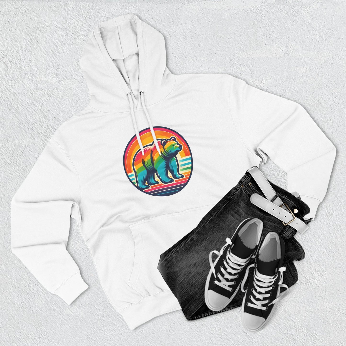 Colorful Bear Sunset Fleece Hoodie | Cozy Graphic Sweatshirt for Nature Lovers, Camping, Gift for Him & Her, Winter Fashion