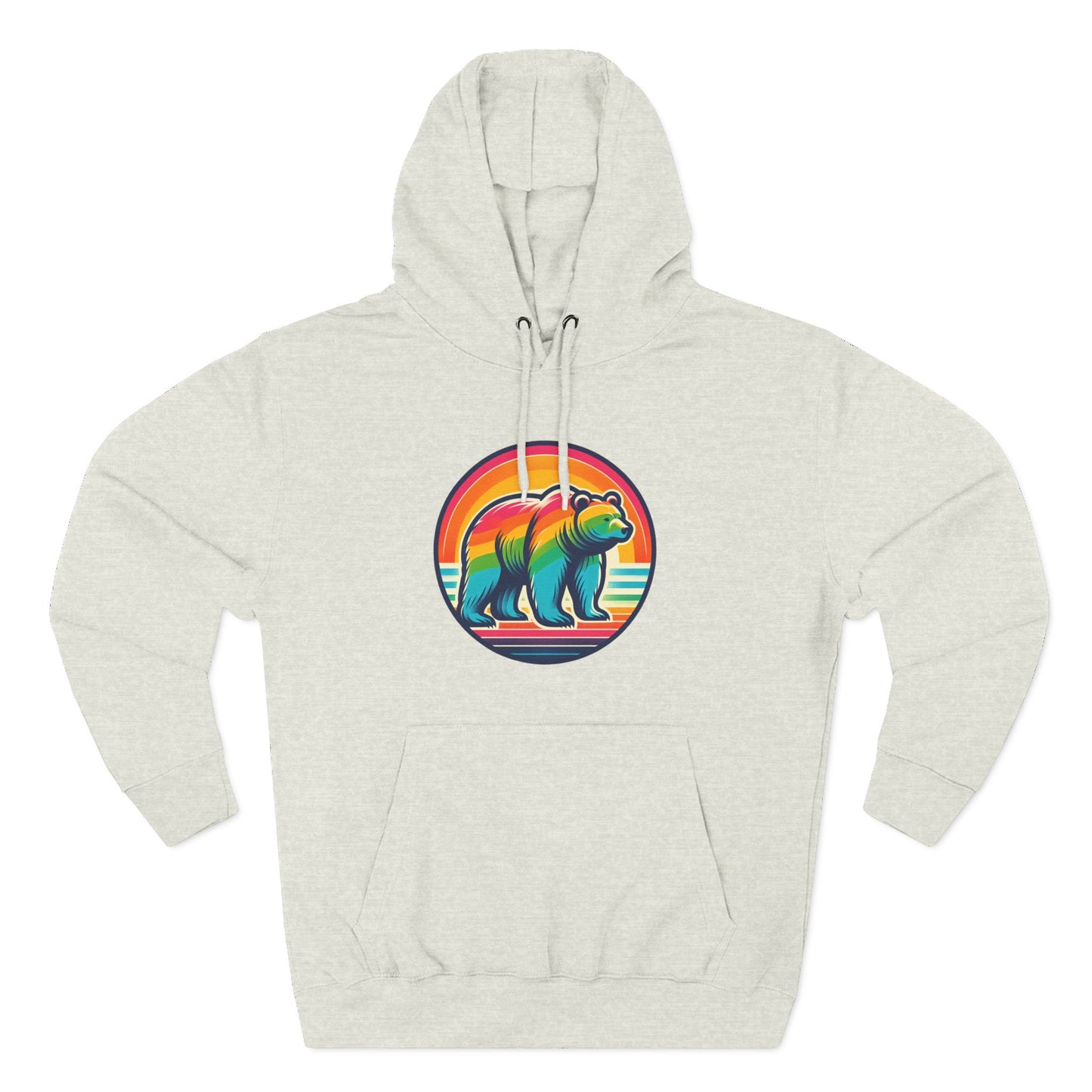 Colorful Bear Sunset Fleece Hoodie | Cozy Graphic Sweatshirt for Nature Lovers, Camping, Gift for Him & Her, Winter Fashion