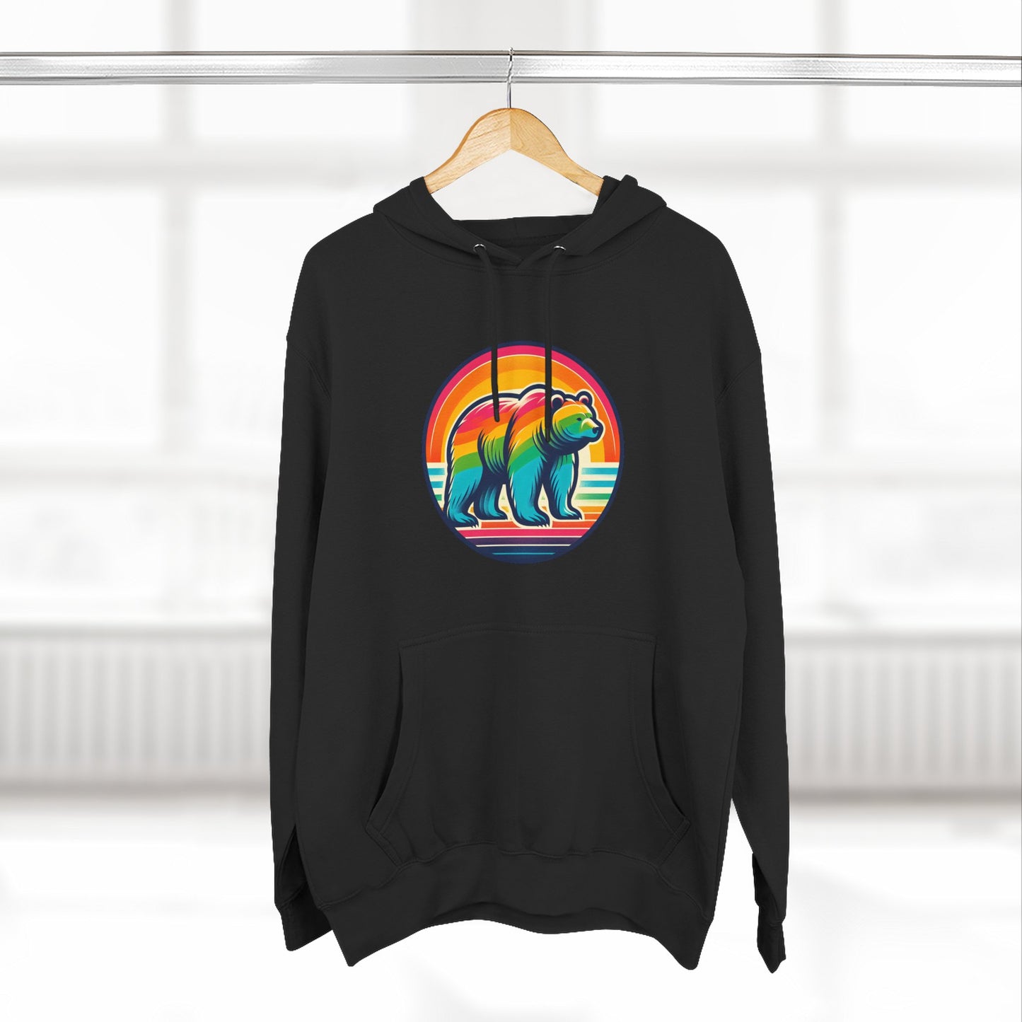 Colorful Bear Sunset Fleece Hoodie | Cozy Graphic Sweatshirt for Nature Lovers, Camping, Gift for Him & Her, Winter Fashion