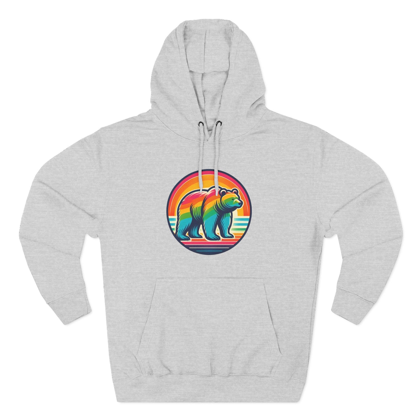 Colorful Bear Sunset Fleece Hoodie | Cozy Graphic Sweatshirt for Nature Lovers, Camping, Gift for Him & Her, Winter Fashion