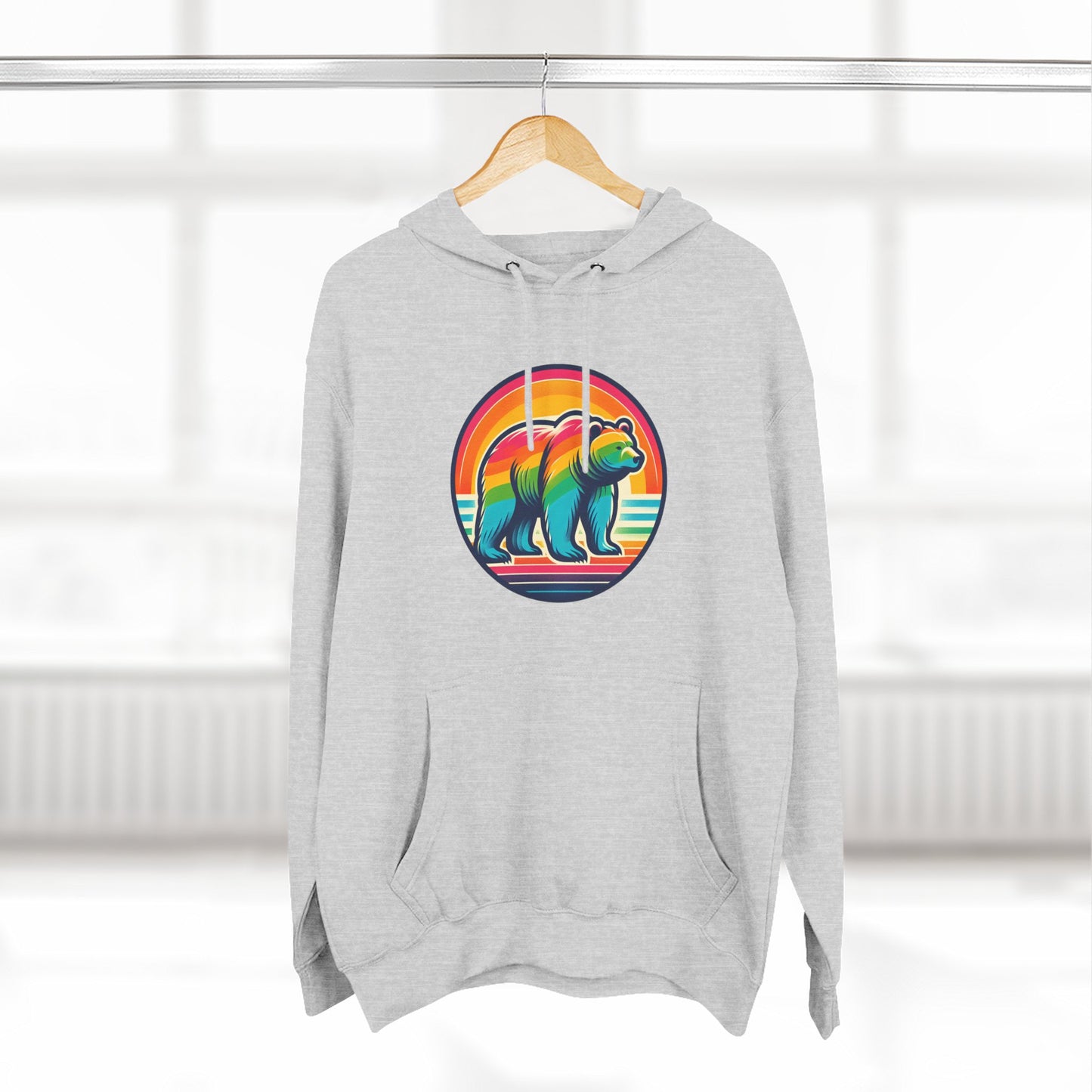 Colorful Bear Sunset Fleece Hoodie | Cozy Graphic Sweatshirt for Nature Lovers, Camping, Gift for Him & Her, Winter Fashion