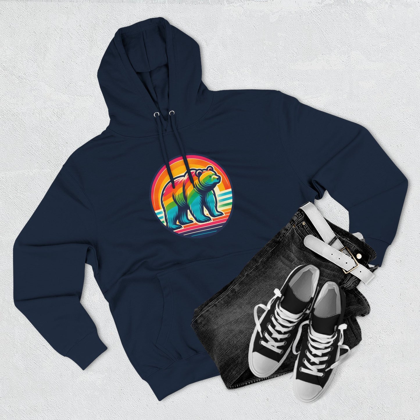 Colorful Bear Sunset Fleece Hoodie | Cozy Graphic Sweatshirt for Nature Lovers, Camping, Gift for Him & Her, Winter Fashion