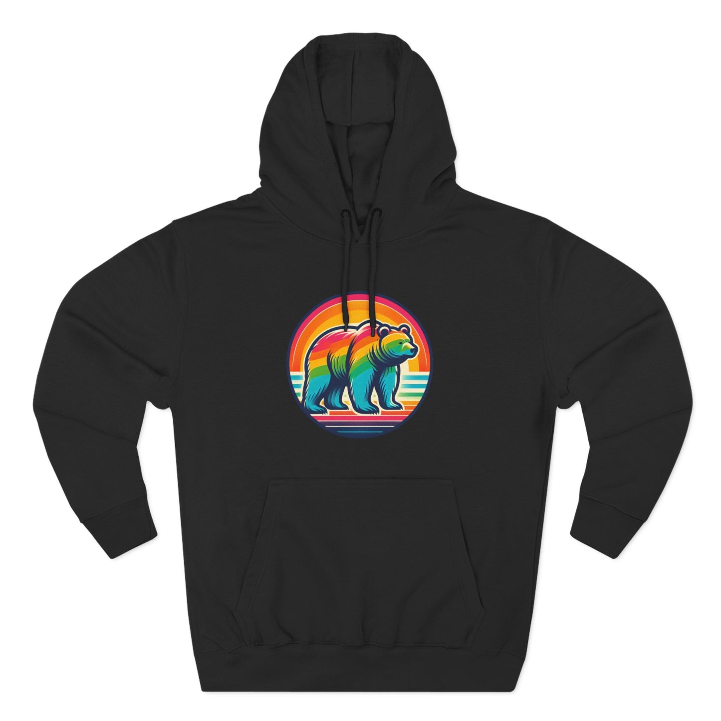 Colorful Bear Sunset Fleece Hoodie | Cozy Graphic Sweatshirt for Nature Lovers, Camping, Gift for Him & Her, Winter Fashion