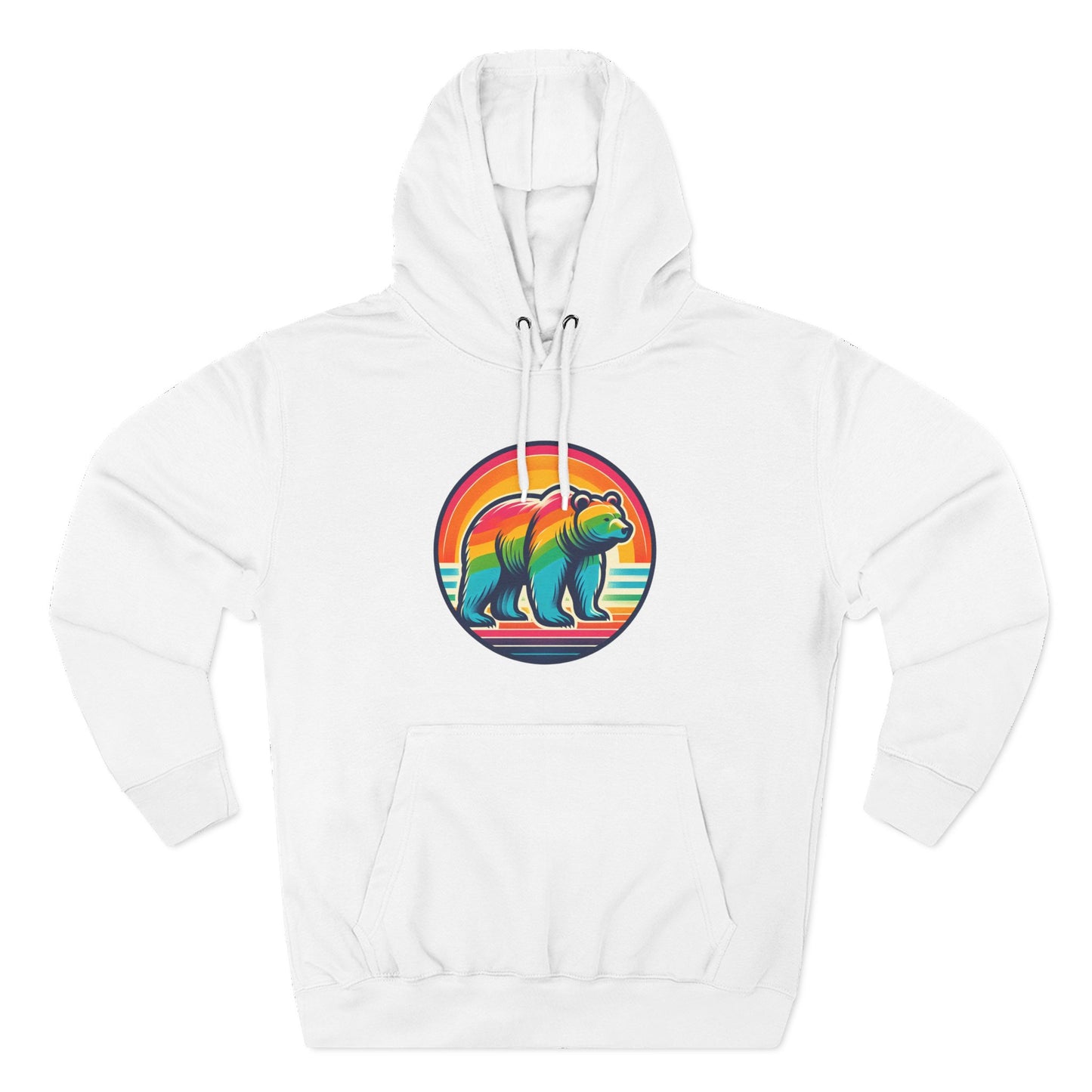 Colorful Bear Sunset Fleece Hoodie | Cozy Graphic Sweatshirt for Nature Lovers, Camping, Gift for Him & Her, Winter Fashion