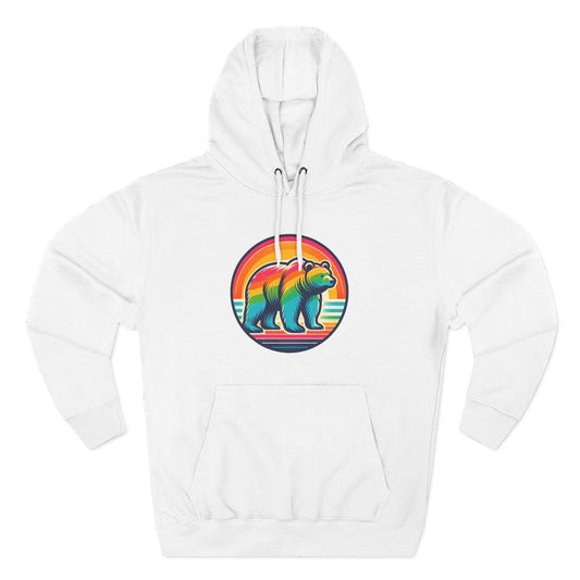 Colorful Bear Sunset Fleece Hoodie | Cozy Graphic Sweatshirt for Nature Lovers, Camping, Gift for Him & Her, Winter Fashion