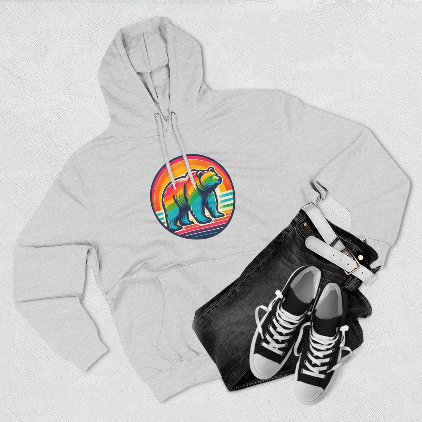 Colorful Bear Sunset Fleece Hoodie | Cozy Graphic Sweatshirt for Nature Lovers, Camping, Gift for Him & Her, Winter Fashion